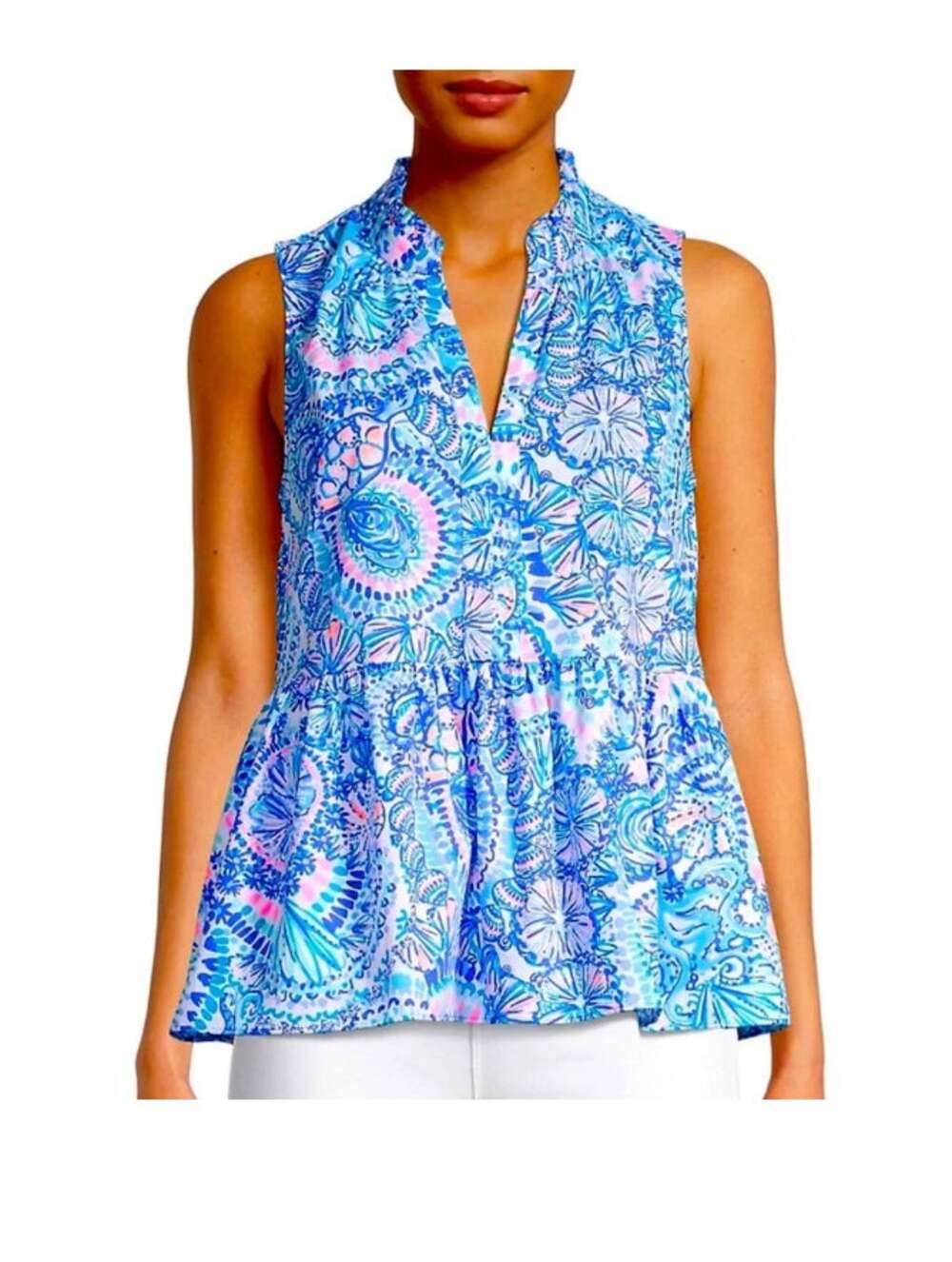 Lilly Pulitzer Novella Ruffle Hem Top - Blue Grotto Commotion in the Ocean Sz S